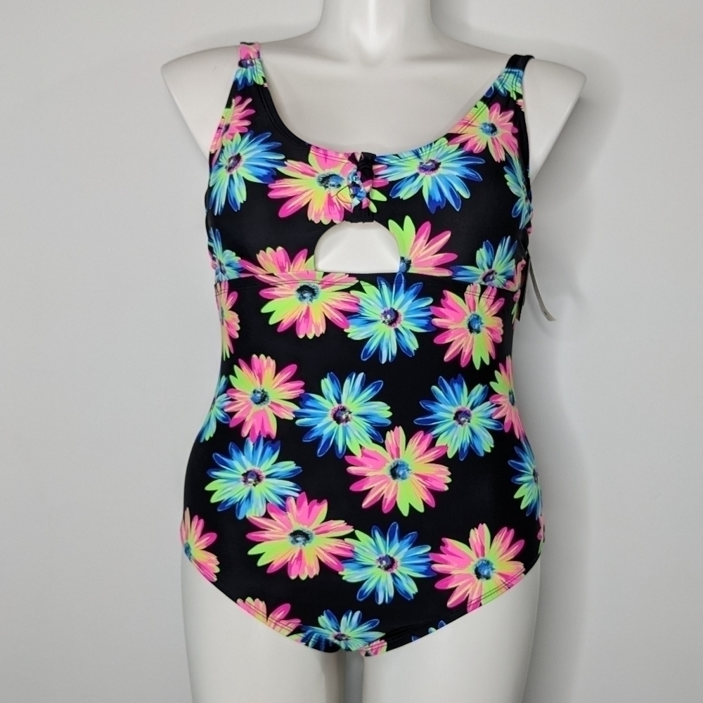 NWT California Waves black blue pink green neon flower cutout swimsuit 12/14